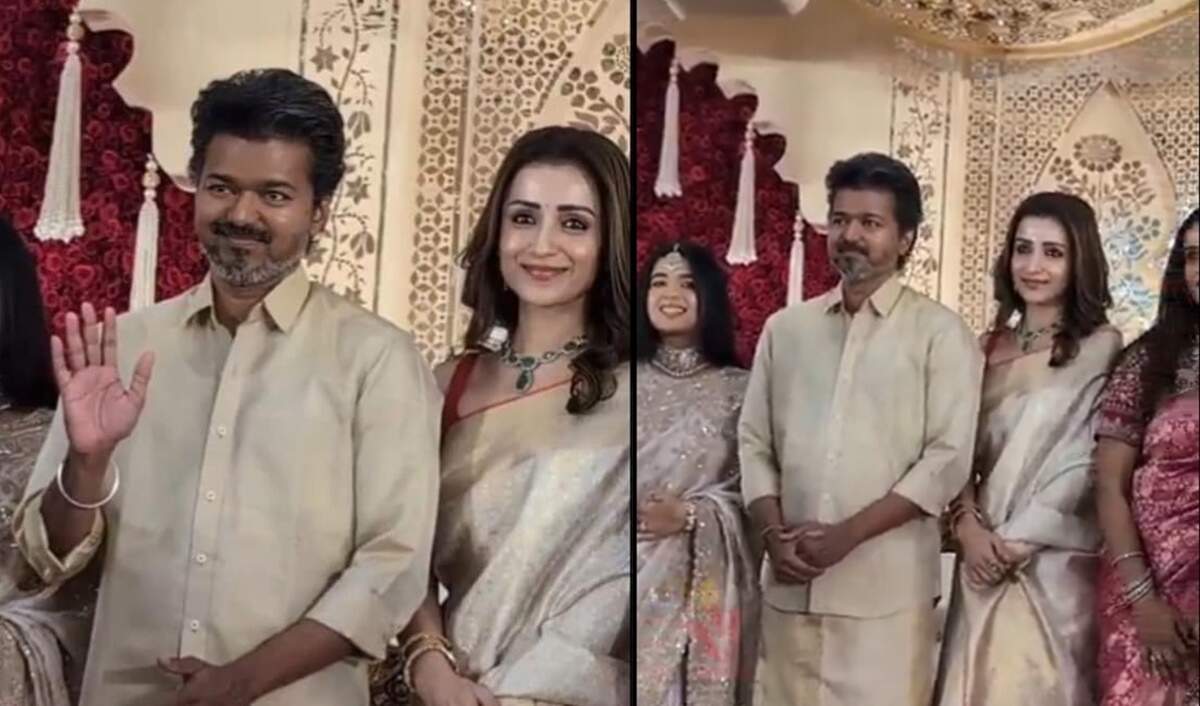 ஒரே கலர் ஆடை&hellip; ஒரே காரில் திருமண நிகழ்ச்சியில் ஜோடியாக வந்த விஜய் &ndash; திரிஷா